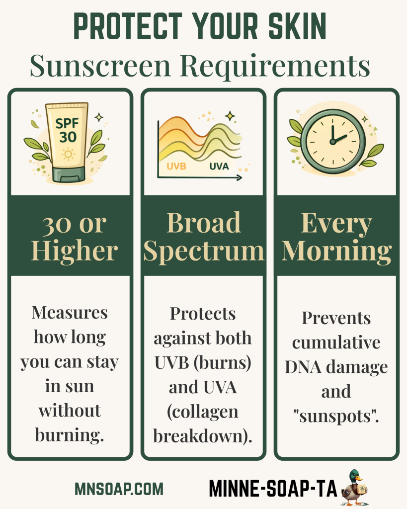 sunscreen, broad spectrum sunscreen, SPF 30, how to choose sunscreen, why wear sunscreen, daily sunscreen routine, skin cancer prevention, UV protection, collagen protection, anti aging skincare, Minnesota skincare, natural skincare blog, skincare education, sun safety, Minne SOAP Ta